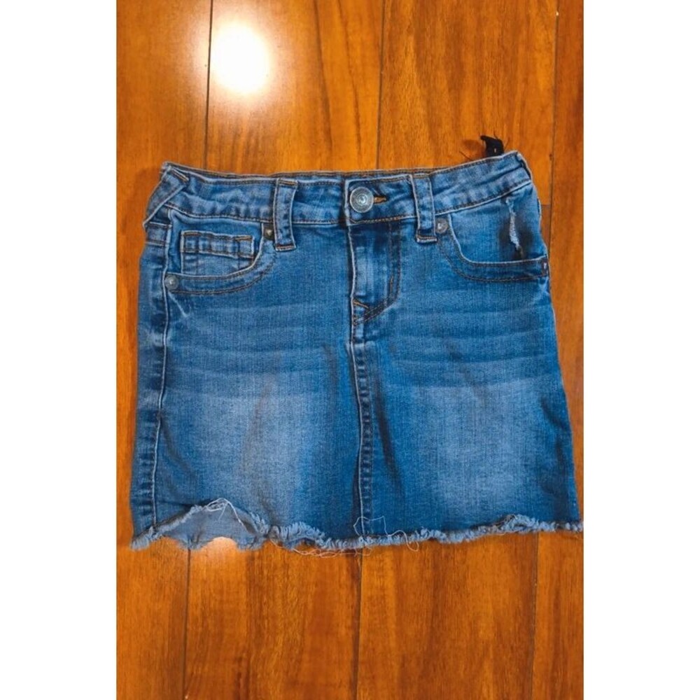 True Religion Girls Denim Mini Skirt Y2K Raw Hem Distressed Blue Jean Skirt 10